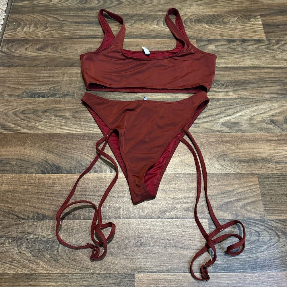 Maroon bikini with garters